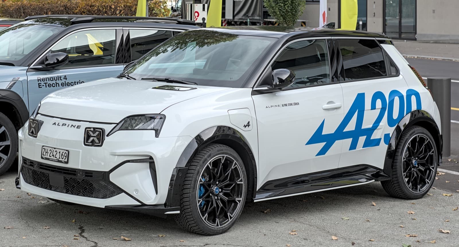 Alpine A290 Electric 180 hp electric hatchback exterior, front three-quarter view.