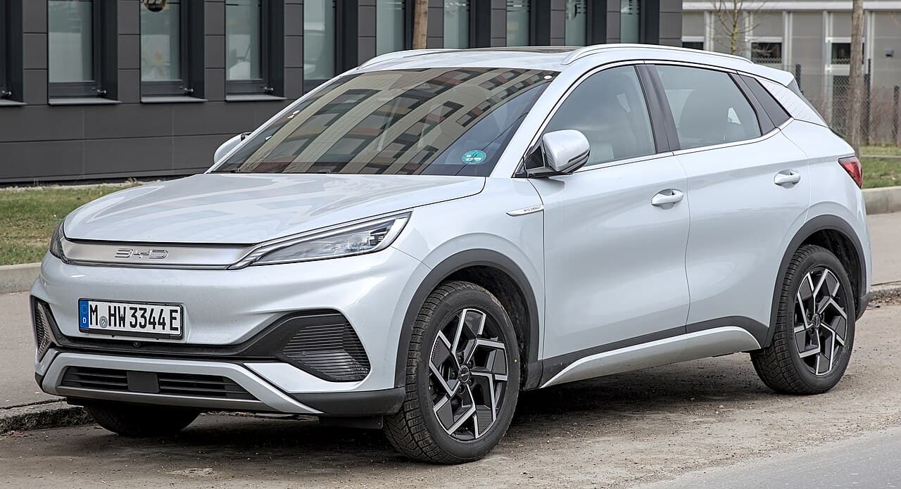 BYD Atto 3 electric compact SUV exterior, front three-quarter view.