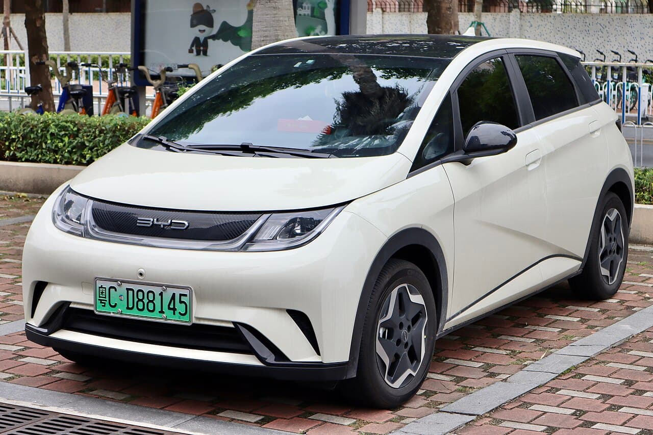 BYD Dolphin Comfort electric hatchback exterior, front three-quarter view.