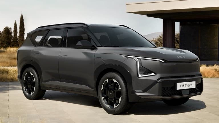 Kia EV5 81.4 kWh electric SUV exterior, front three-quarter view.