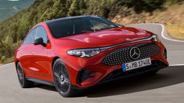 Mercedes-Benz CLA 250+ with EQ Technology electric fastback sedan exterior, front three-quarter view.