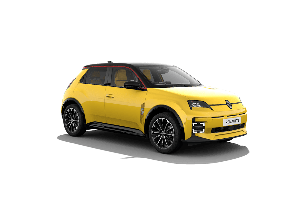 Renault 5 E-Tech 150 hp comfort range electric hatchback exterior, front three-quarter view.