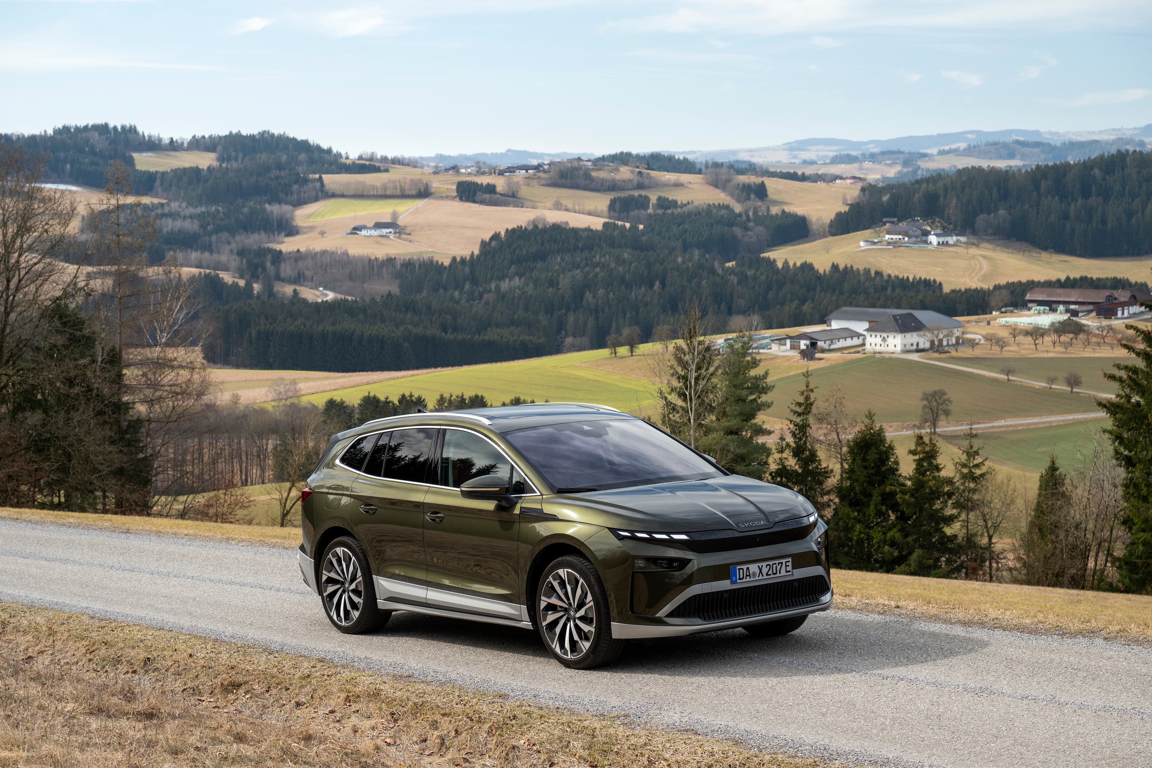 Skoda Enyaq 85 electric family crossover exterior, front three-quarter view.