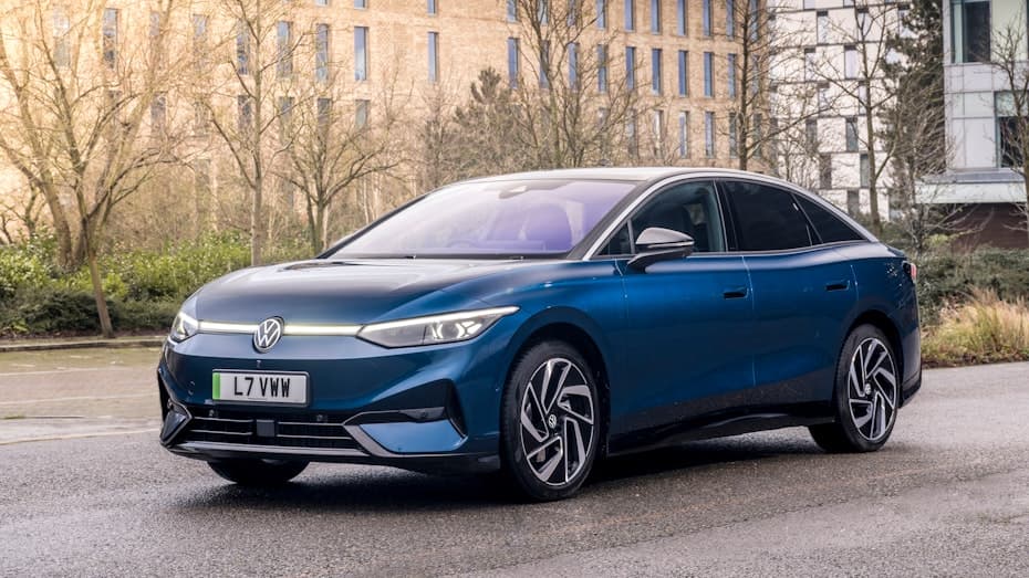 Volkswagen ID.7 Pro electric liftback sedan exterior, front three-quarter view.