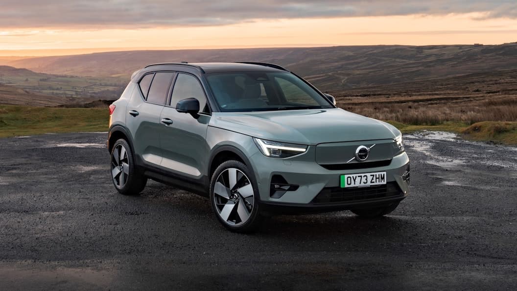 Volvo EX40 Twin Motor Performance electric SUV exterior, front three-quarter view.