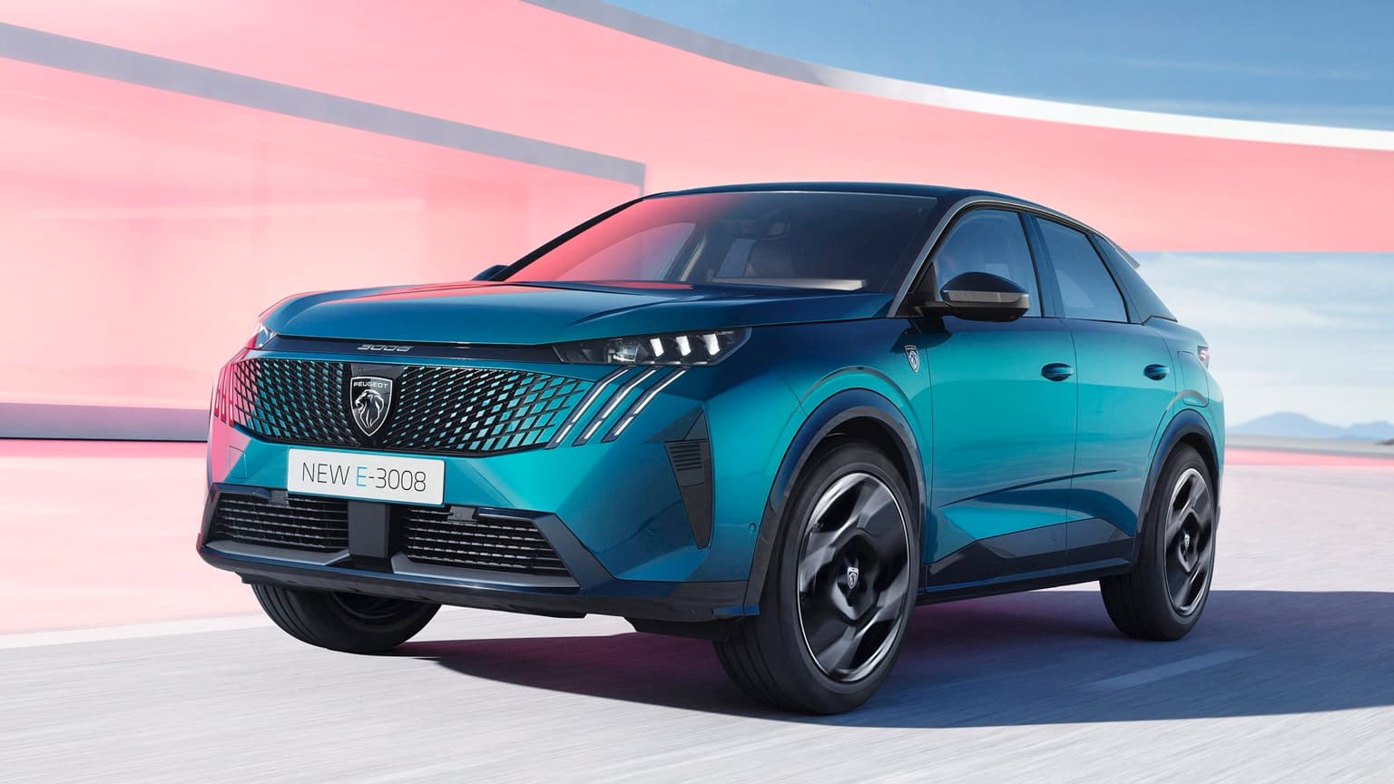 Peugeot E-3008 97 kWh Long Range electric fastback SUV exterior, front three-quarter view.