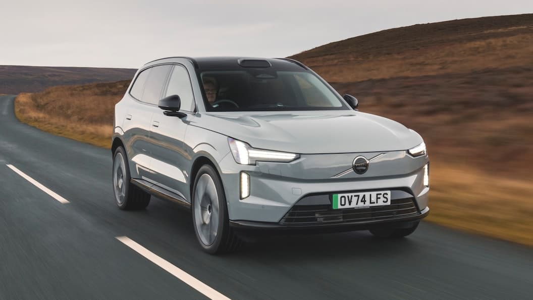 Volvo EX90 Twin Motor AWD electric SUV exterior, front three-quarter view.